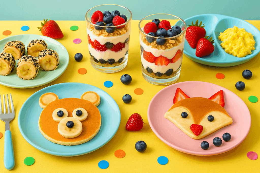 Colorful breakfast spread featuring animal-shaped pancakes, yogurt parfaits, and banana sushi bites as quick simple breakfast ideas for kids and adults.