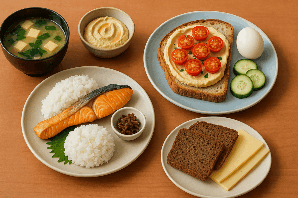 Multicultural table with Japanese grilled salmon and rice, Mediterranean hummus toast, and Scandinavian rye bread showcasing quick simple breakfast ideas.