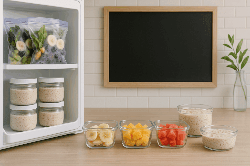 Prepped overnight oats, chopped fruit bowls, and smoothie bags organized on a kitchen counter and in a fridge, offering quick simple breakfast ideas.