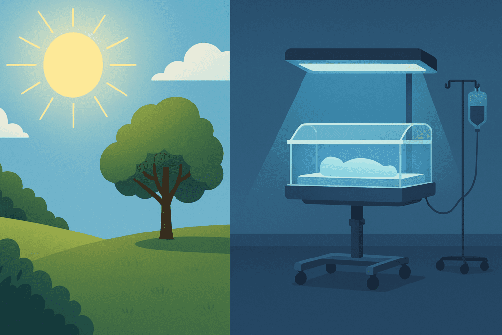 Split-screen comparison showing natural sunlight in a grassy outdoor setting versus clinical phototherapy equipment, illustrating context for the question: does sunlight help eczema.