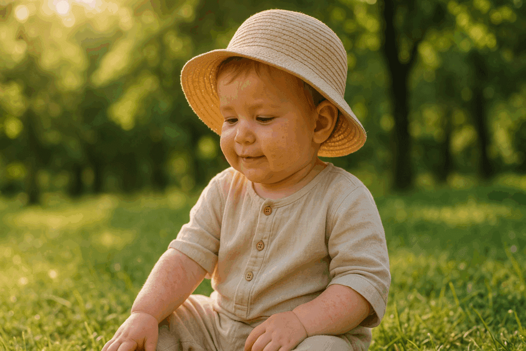 Young child with mild eczema on arms sits in morning sunlight wearing a sunhat—illustrating the question: does sunlight help eczema.