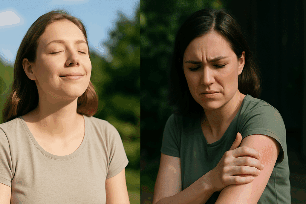 Side-by-side comparison of two women outdoors showing how sunlight affects eczema differently, illustrating the question does sunlight help eczema.