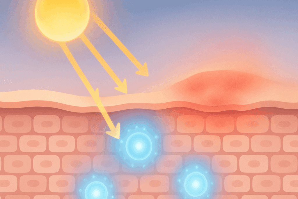 Conceptual illustration showing how UVB sunlight penetrates the skin to calm inflammation and support healing, addressing the question: does sunlight help eczema