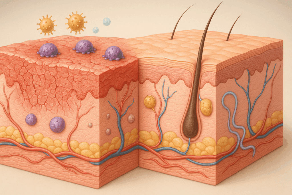 Cross-section of eczema-inflamed skin versus healthy skin, visually supporting the question: does sunlight help eczema.