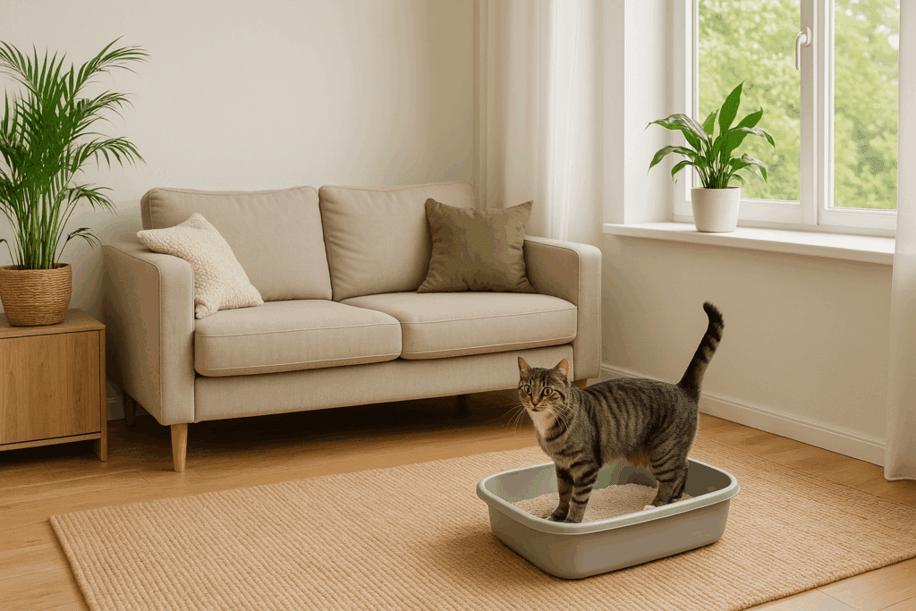 Tabby cat confidently using a gray litter box in a clean, fresh living room with natural light, plants, and odor-free air, promoting a chemical-free cat litter environment.