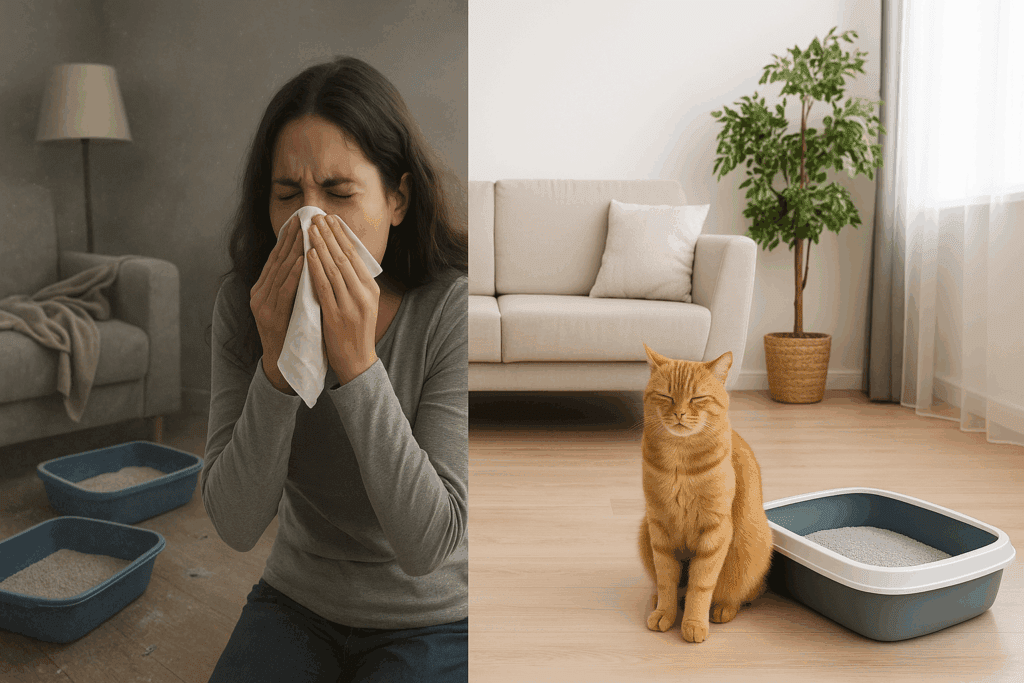 Side-by-side comparison of two living spaces: one dusty with traditional cat litter boxes and a woman sneezing, the other clean and bright with a calm cat beside a low-dust, hypoallergenic cat litter box.