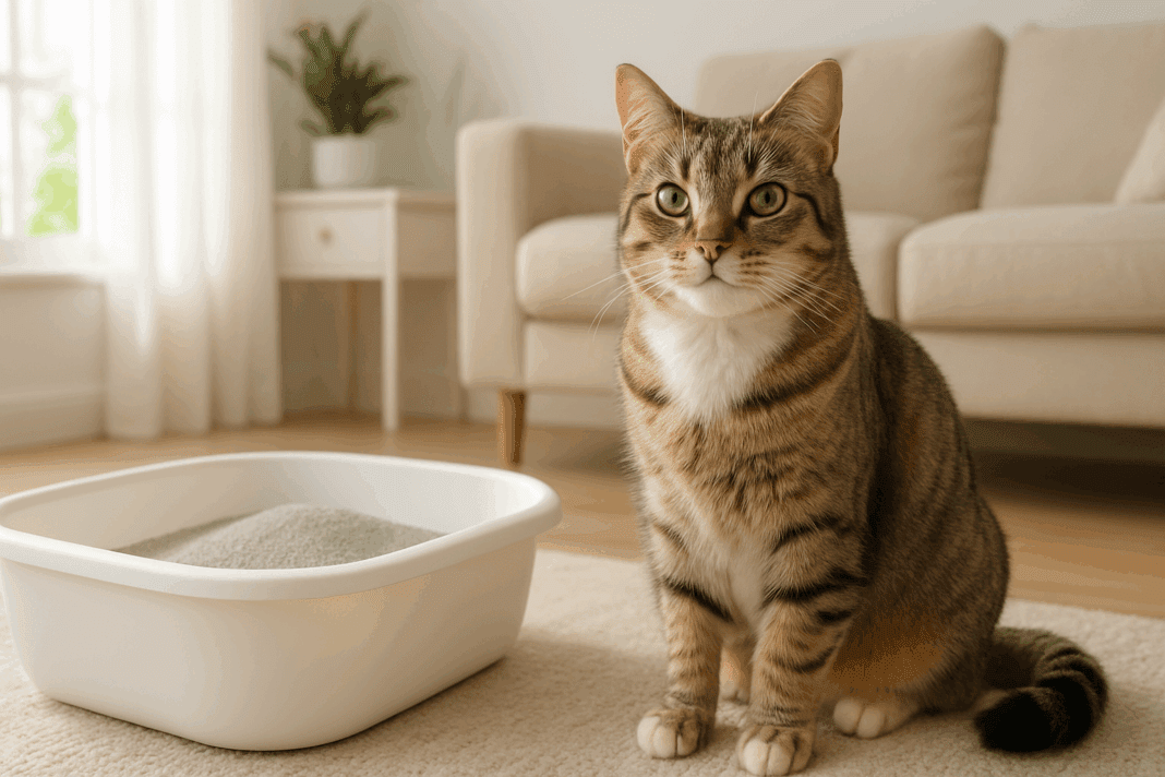 Happy tabby cat sitting beside a dust-free, hypoallergenic cat litter box in a bright, modern living room with natural sunlight.