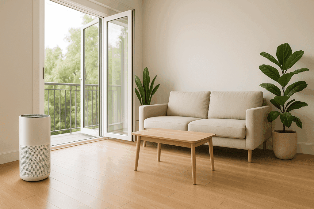 Modern allergen-conscious living room with air purifier, hardwood floors, and open windows illustrating how can you have allergies year round at home.
