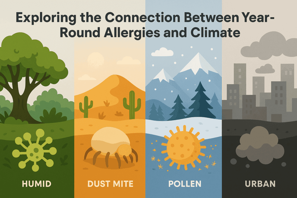 Infographic comparing humid, dry, cold, and urban climates to show how triggers like mold, pollen, dust mites, and pollution answer can you have allergies year round
