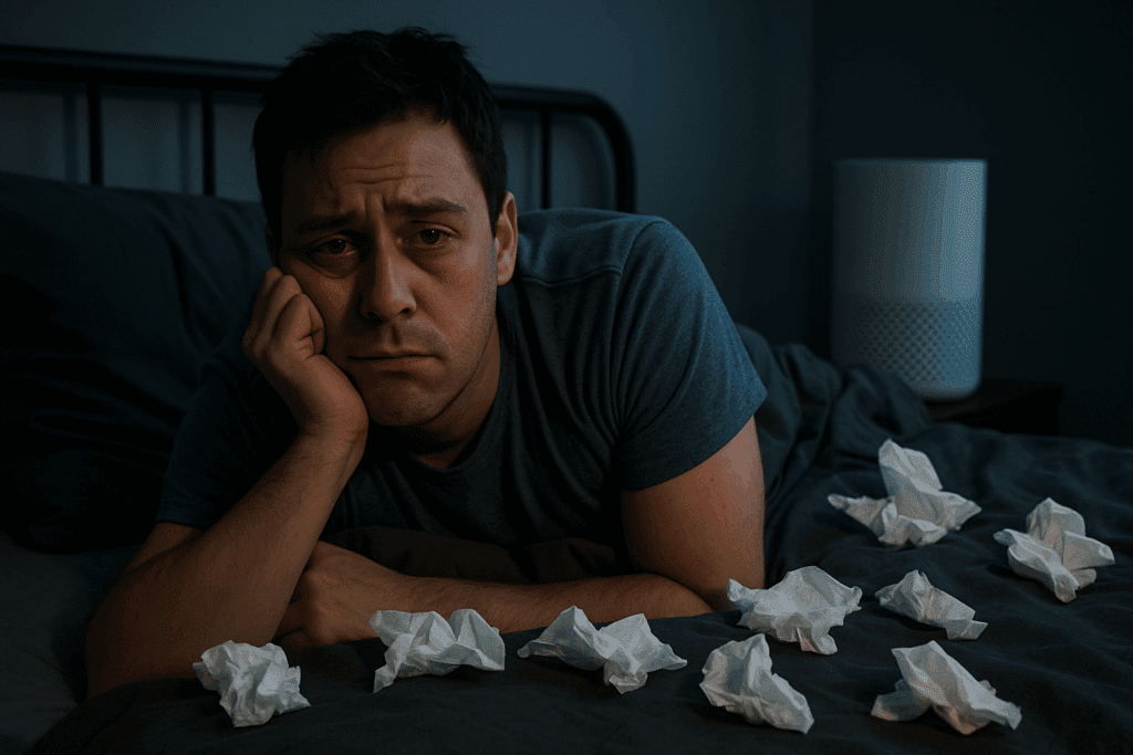 Exhausted man with red, irritated eyes lying in bed at night, surrounded by tissues and an air purifier nearby, showing can you have allergies year round symptoms.