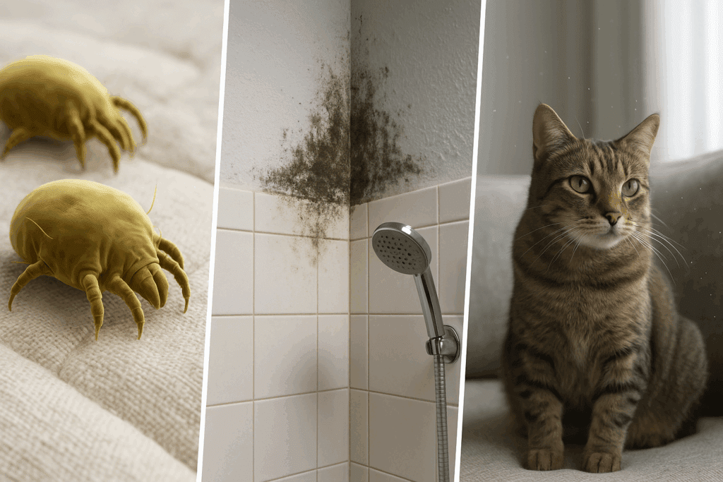 Dust mites on a mattress, mold in a bathroom corner, and pet dander in the air around a cat—visual answer to can you have allergies year round.