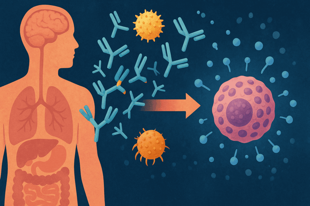 Immune system reacting to allergens like pollen and dust, showing IgE antibodies and histamine release—explains why can you have allergies year round.