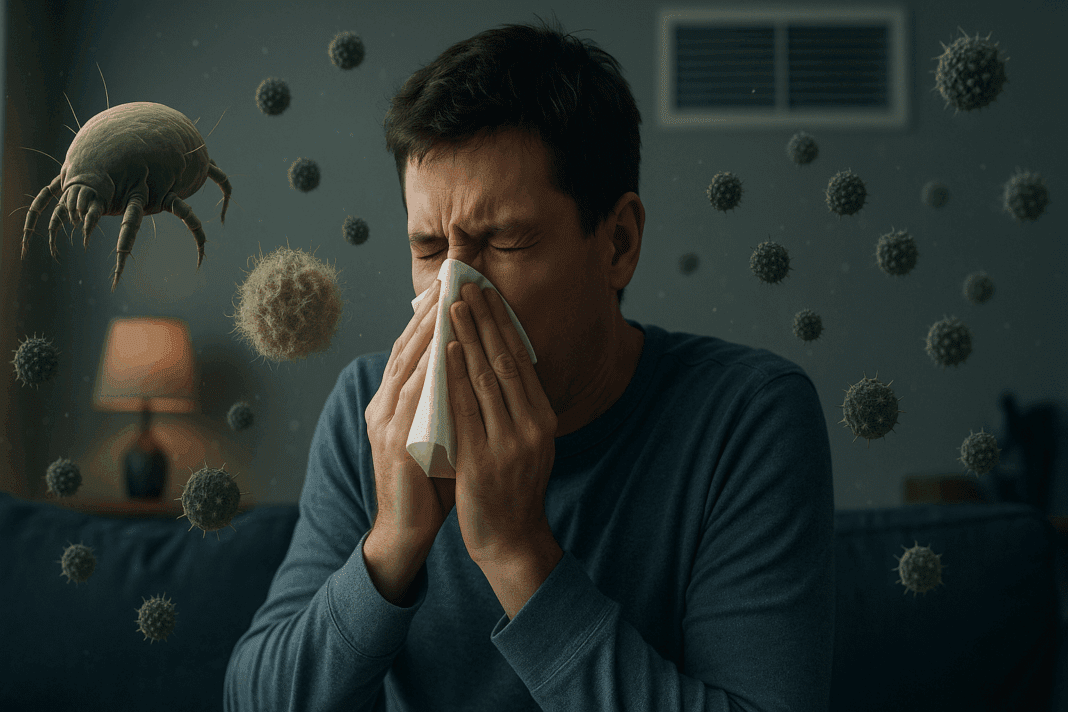 Man sneezing indoors surrounded by floating allergens like dust mites and mold, illustrating can you have allergies year round.