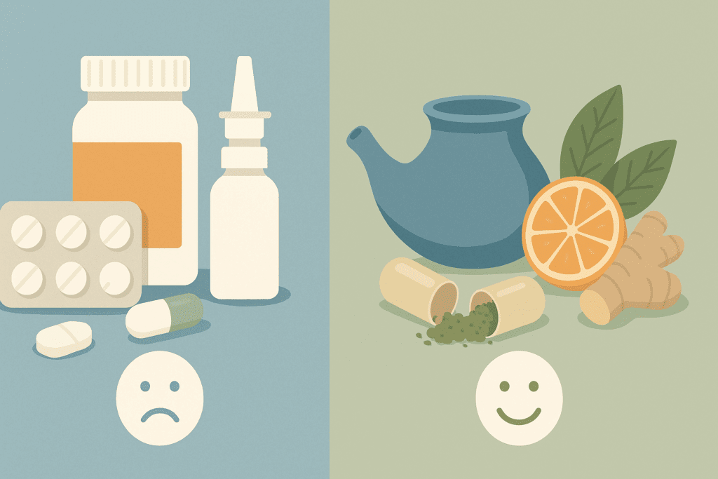Infographic comparing OTC allergy medicine with natural treatment for allergies and sinus, showing pill bottles versus herbal remedies and fresh ingredients