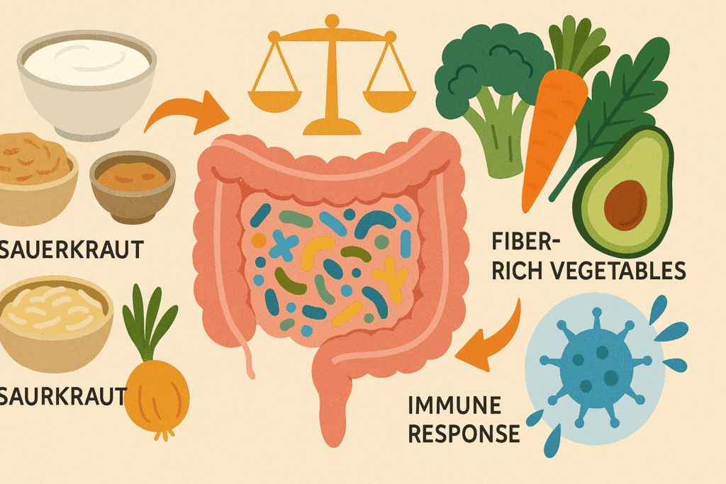 Stylized digestive system surrounded by probiotic foods and fiber-rich vegetables illustrating the gut-immune link as a natural treatment for allergies and sinus