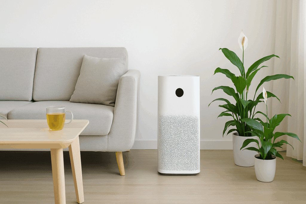 Modern living room with an air purifier, herbal tea, and indoor plants—showcasing a natural treatment for allergies and sinus.