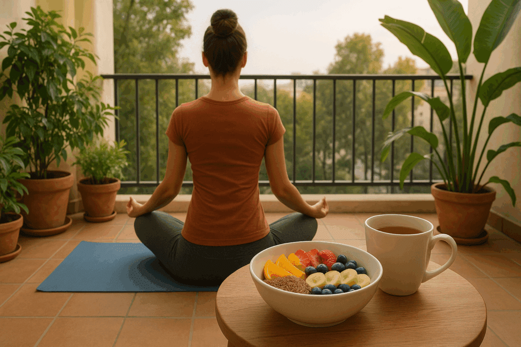 Woman doing yoga on a balcony surrounded by plants with a healthy breakfast of fruits, flaxseed, and tea, promoting natural treatment for allergies and sinus