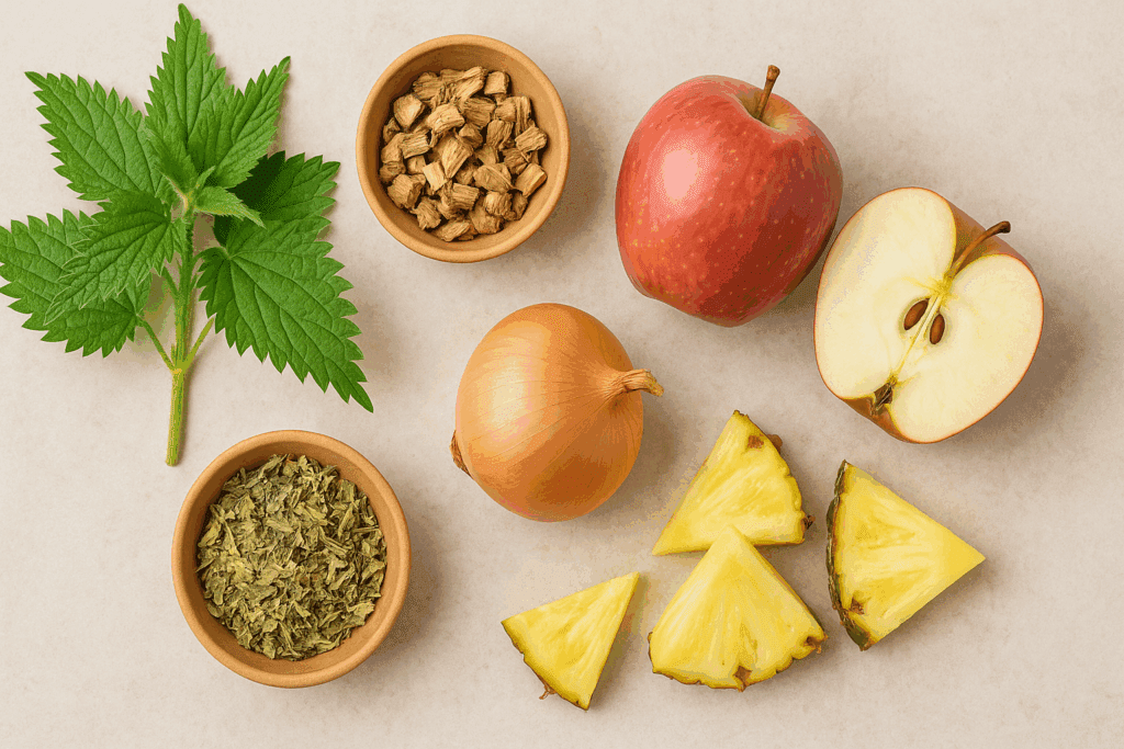 Flat-lay of herbs and fruits used in natural treatment for allergies and sinus, including stinging nettle, butterbur root, apples, onions, and pineapple.
