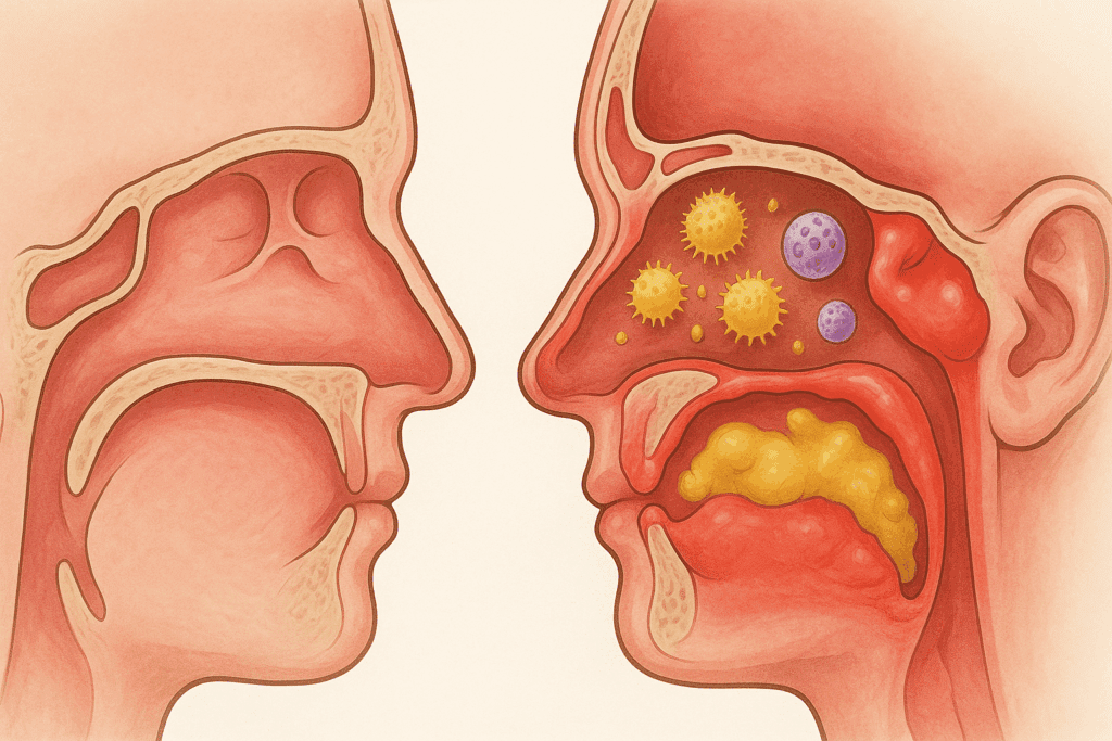 Cross-sectional illustration comparing a healthy sinus cavity with an inflamed one, showing mucus buildup and immune response to pollen—visual context for natural treatment for allergies and sinus.
