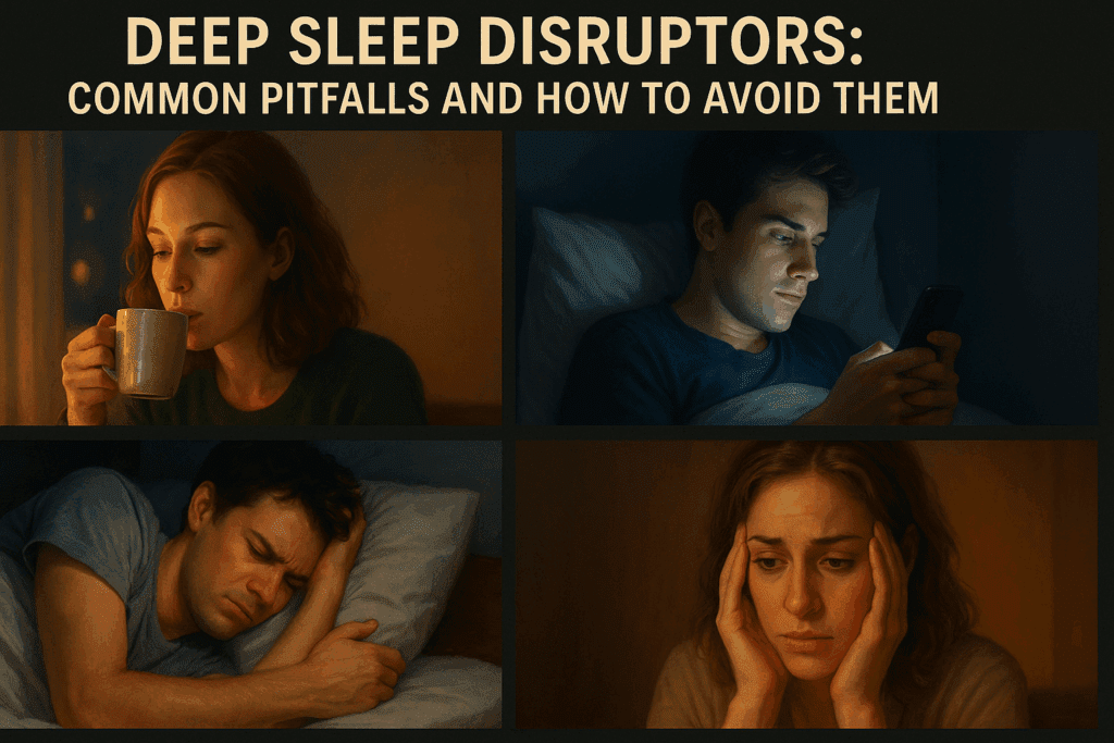 Infographic showing four common disruptors that affect how to take deep sleep, including caffeine use, screen time in bed, inconsistent sleep schedules, and stress-related insomnia