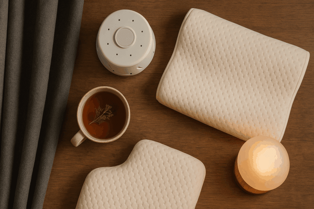 Overhead view of blackout curtains, white noise machine, ergonomic pillows, herbal tea, and warm lighting arranged in a cozy bedroom setting showing how to take deep sleep.