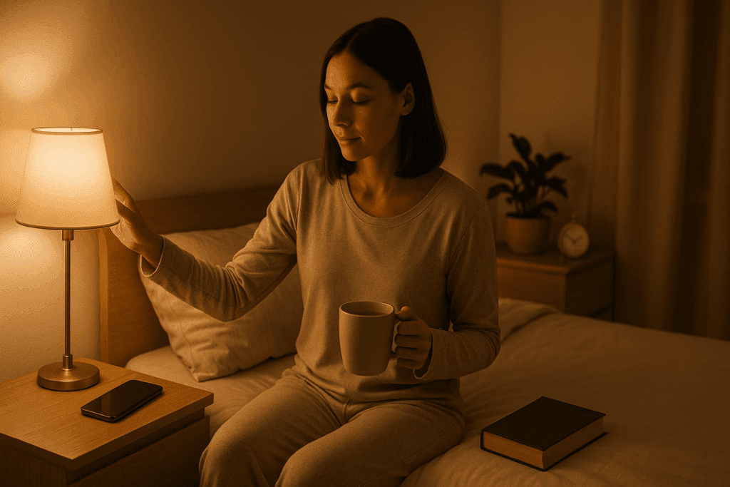 Woman preparing for bed with dim lighting, herbal tea, and a book—illustrating how to take deep sleep through nighttime routines.