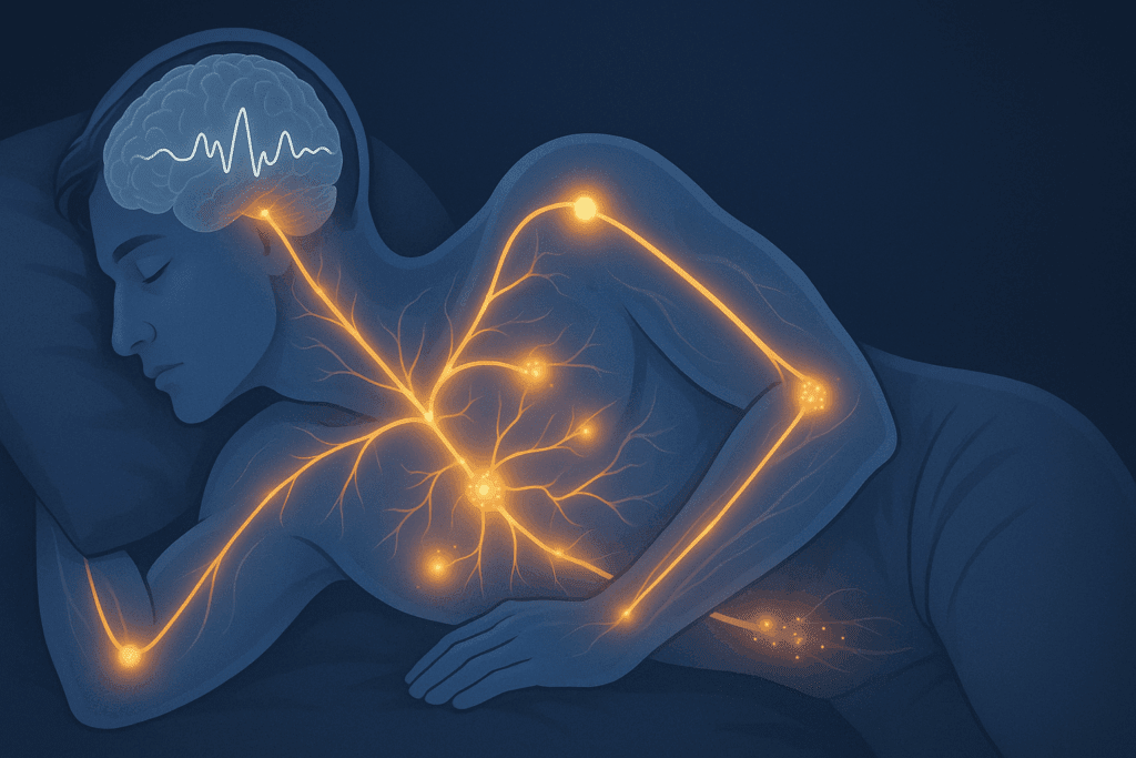 Human figure in deep sleep showing glowing neural and body pathways that illustrate how to take deep sleep for full-body recovery.