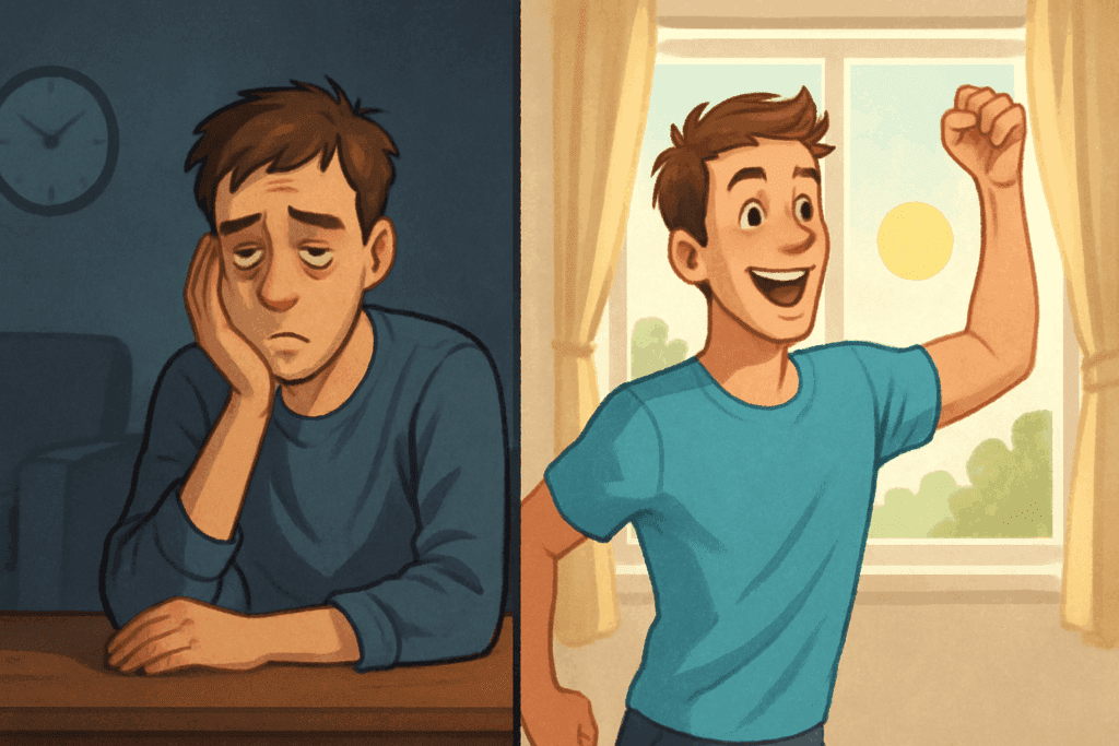 Split-scene of a man showing the effects of poor rest versus deep rest, illustrating how to take deep sleep for better energy and focus