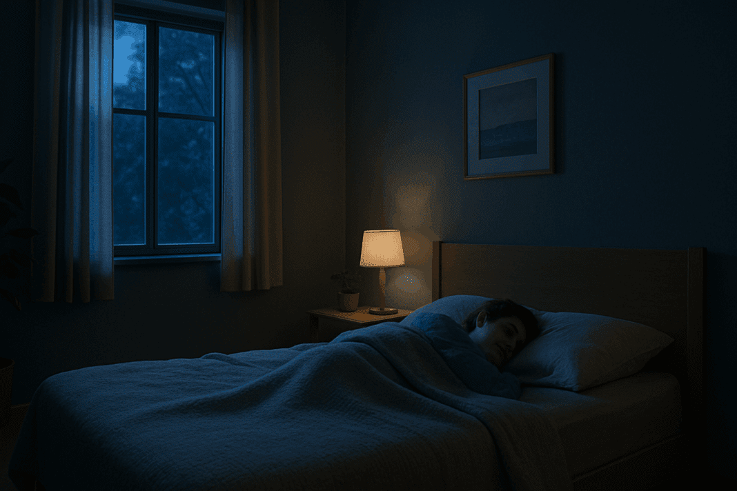 A person peacefully sleeping in a minimalist bedroom at night, illustrating how to take deep sleep through a calm, moonlit environment
