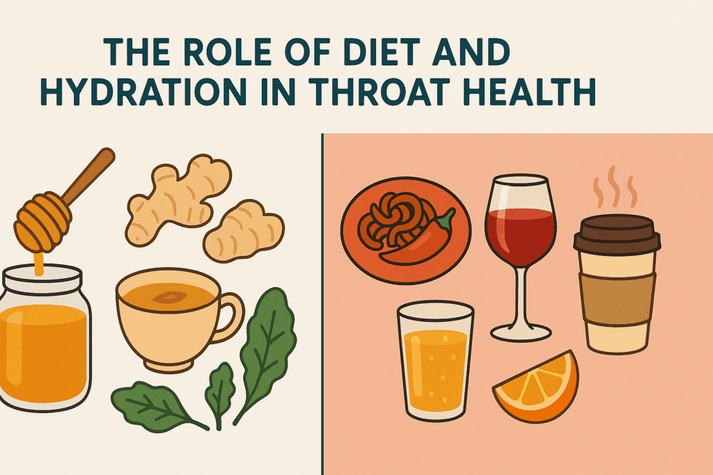 Visual infographic comparing soothing foods like honey, ginger, herbal tea, and greens versus irritants like spicy food and alcohol for itchy throat and cough