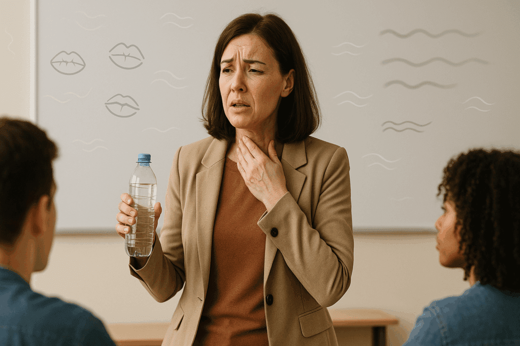 Female teacher with a strained expression holding a water bottle while teaching, showing signs of itchy throat and cough in a dry classroom environment.