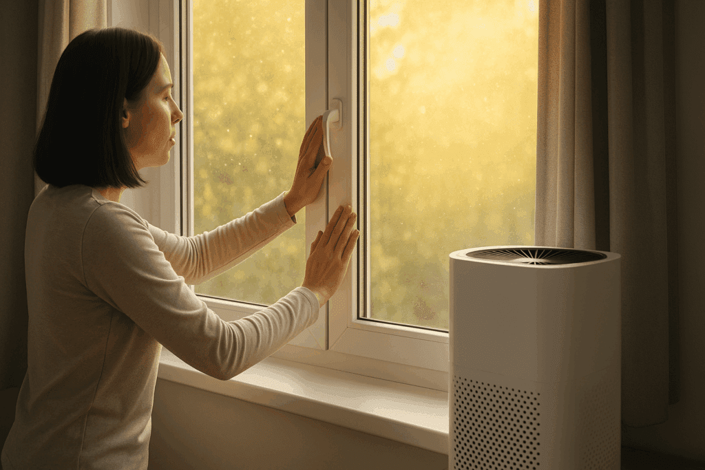 Woman closing a window to block pollen while using an air purifier indoors, managing itchy throat and cough from allergies.