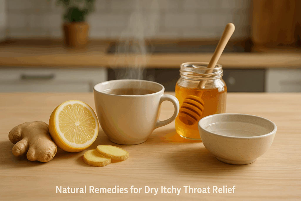 Steaming cup of tea with lemon, ginger, honey, and saltwater arranged in a cozy kitchen setting for natural itchy throat and cough relief