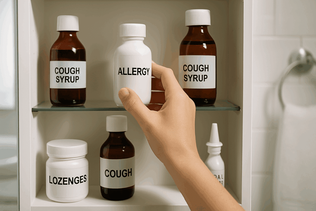 Hand reaching into a bathroom medicine cabinet filled with over-the-counter remedies for itchy throat and cough, including syrups, lozenges, and sprays