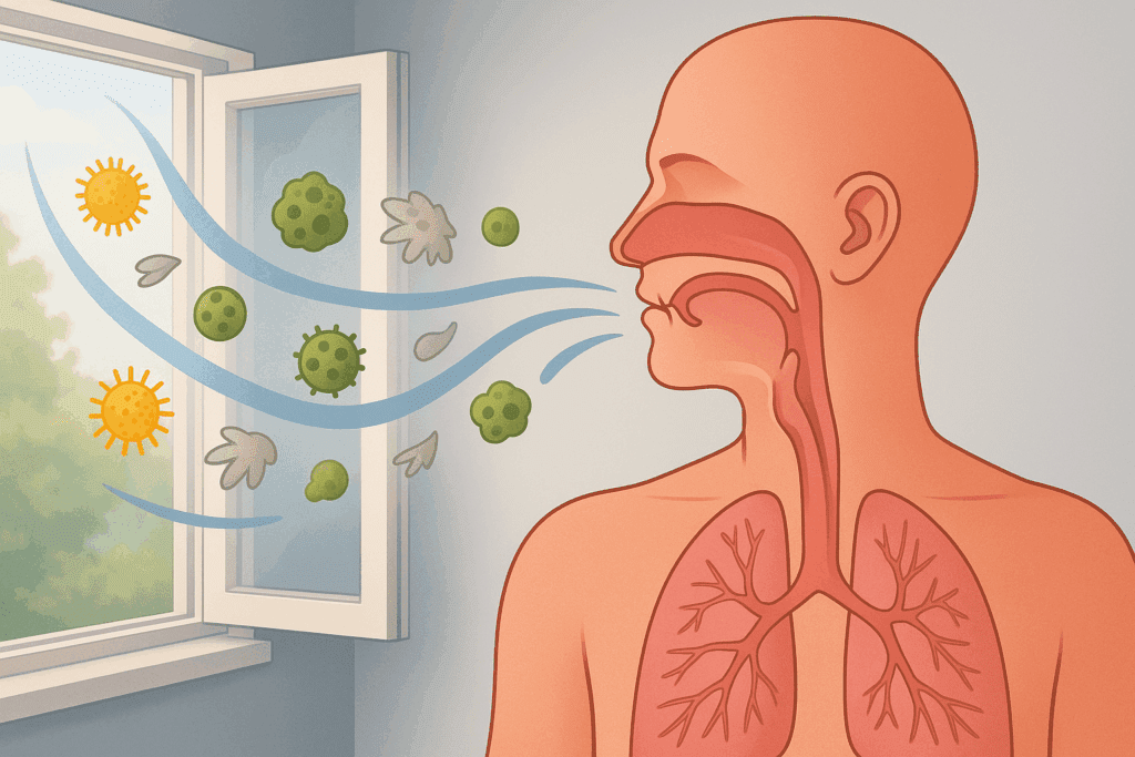 Airborne allergens like pollen, mold spores, and pet dander entering through a window and irritating a human respiratory system, causing itchy throat and cough