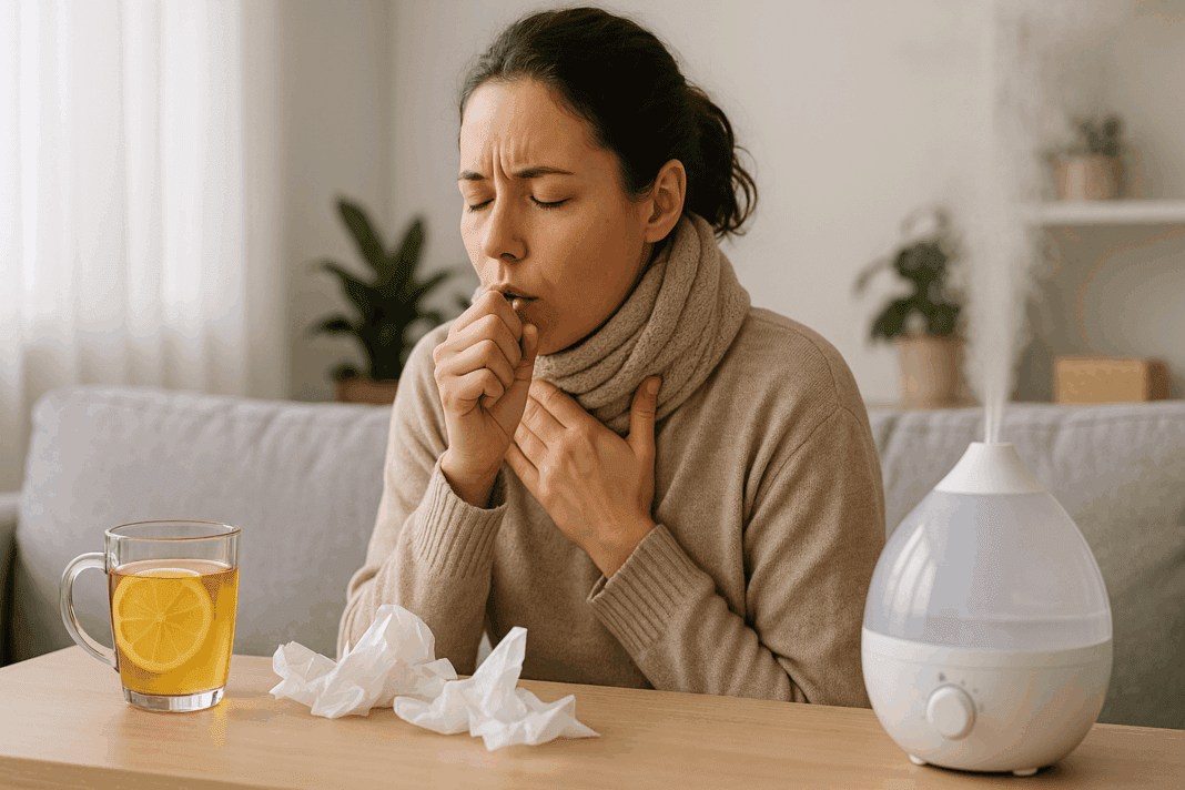 Woman with itchy throat and cough holding her neck and coughing, sitting indoors with lemon tea, tissues, and a humidifier.
