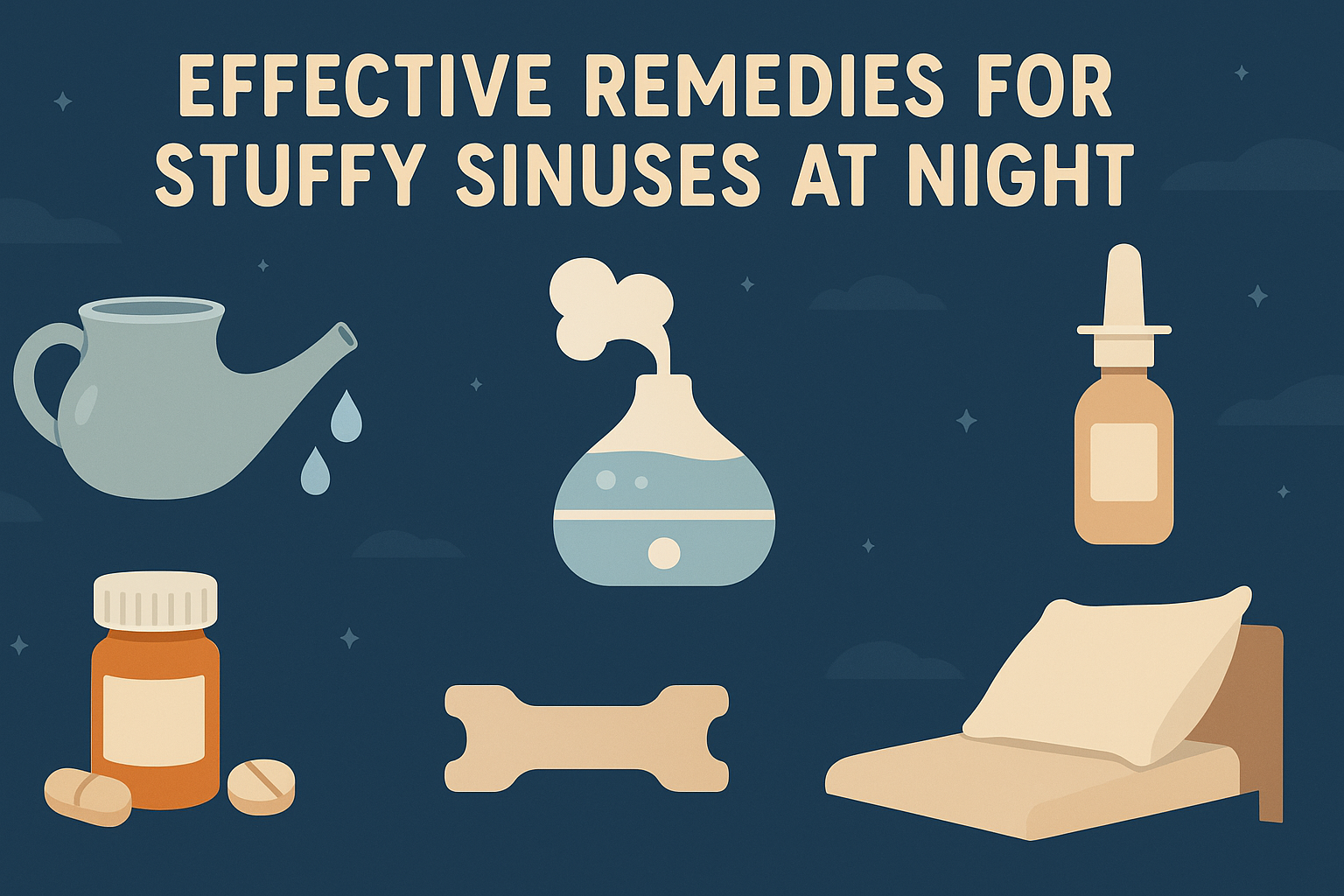 Natural and medical remedies for stuffy sinuses at night shown with symbolic illustrations like a neti pot, humidifier, nasal spray, and raised pillow.