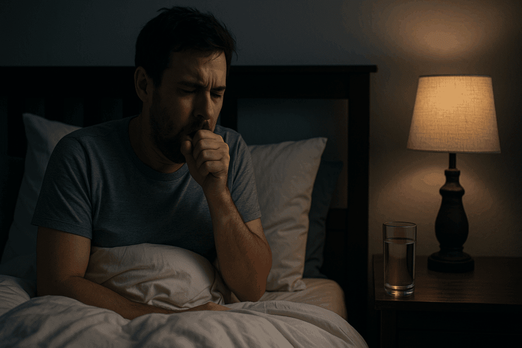 Man sitting up in bed coughing with a glass of water nearby, showing discomfort from stuffy sinuses at night