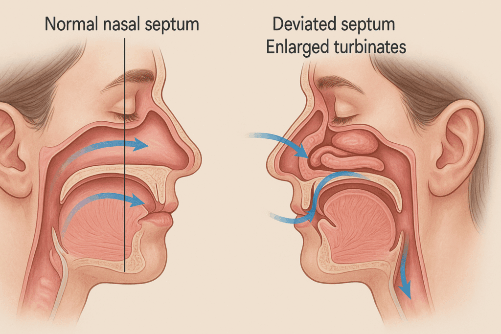 Anatomical side view showing airflow blockage from a deviated septum and enlarged turbinates, a cause of stuffy sinuses at night.