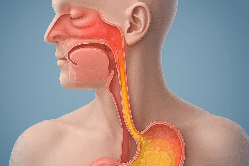 3D medical illustration showing acid reflux rising into the esophagus and throat, highlighting inflammation linked to stuffy sinuses at night