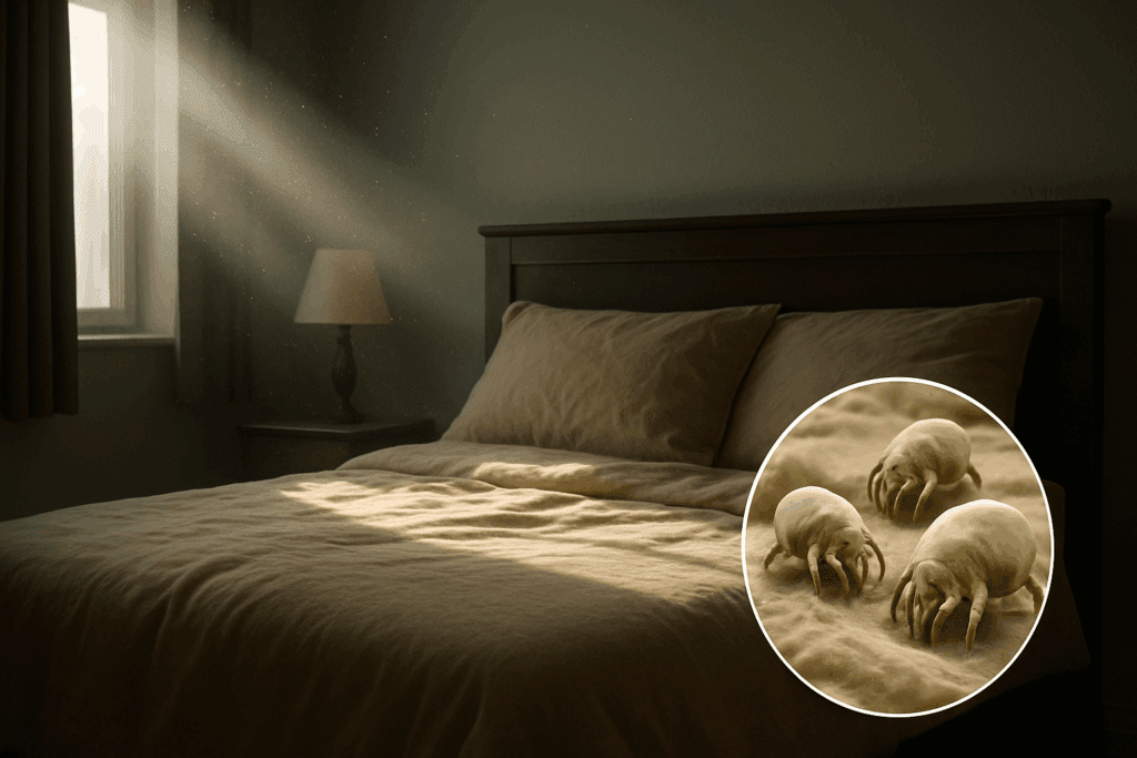 Bedroom with visible dust particles in sunlight and magnified dust mites on bedding, highlighting triggers for stuffy sinuses at night