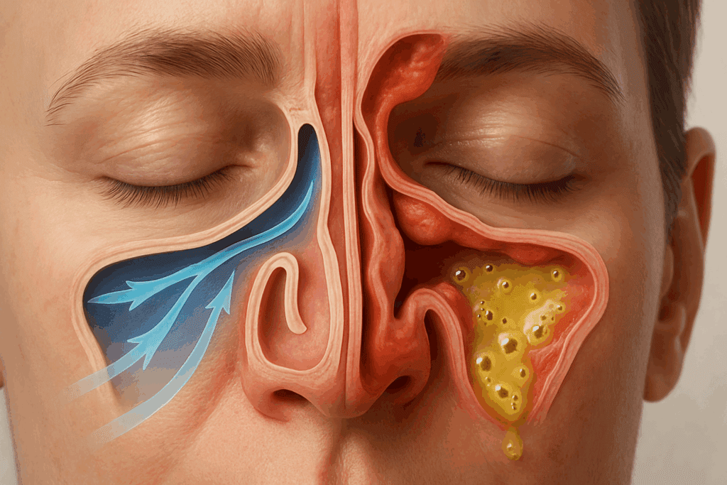 3D cross-section of a human face showing clear airflow on one side and swollen tissue with mucus buildup on the other, illustrating stuffy sinuses at night