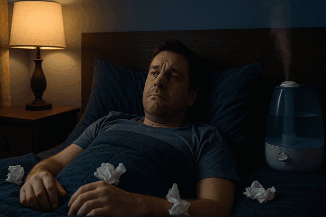 Man lying awake in bed with a nasal strip, tissues, and a humidifier, showing discomfort from stuffy sinuses at night.