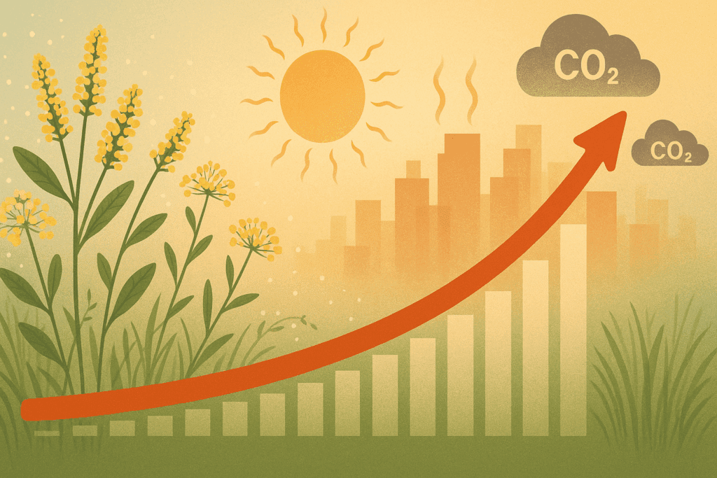 Illustration showing longer pollen seasons with blooming plants, heatwaves, and urban smog—highlighting how climate change affects when does pollen season end.