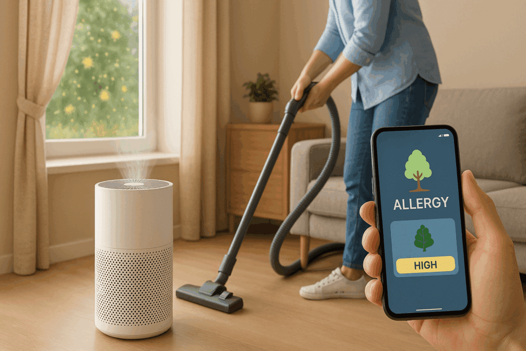 Allergy-proofed living room with closed windows, HEPA air purifier, person vacuuming, and high allergy alert on smartphone—highlighting indoor precautions during peak pollen times for those wondering when does pollen season end.