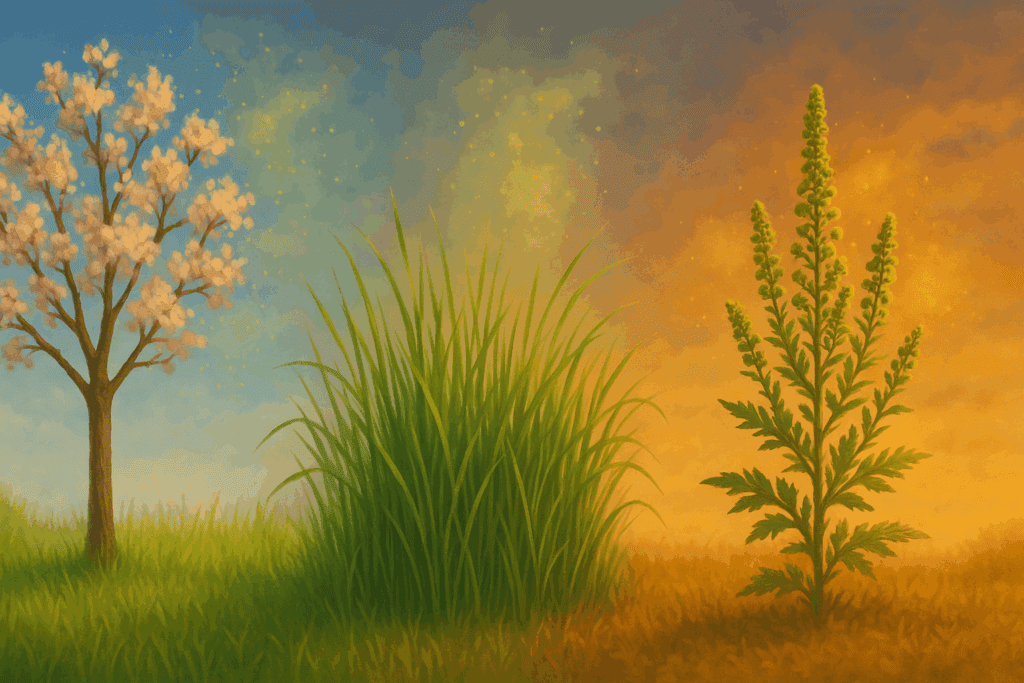 Seasonal plants releasing pollen—tree, grass, and ragweed—illustrate when does pollen season end across the year.