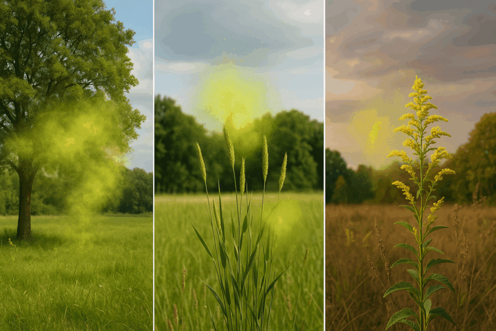 Seasonal pollen release from spring trees, summer grasses, and autumn weeds illustrating triggers and timeline of when does pollen season end