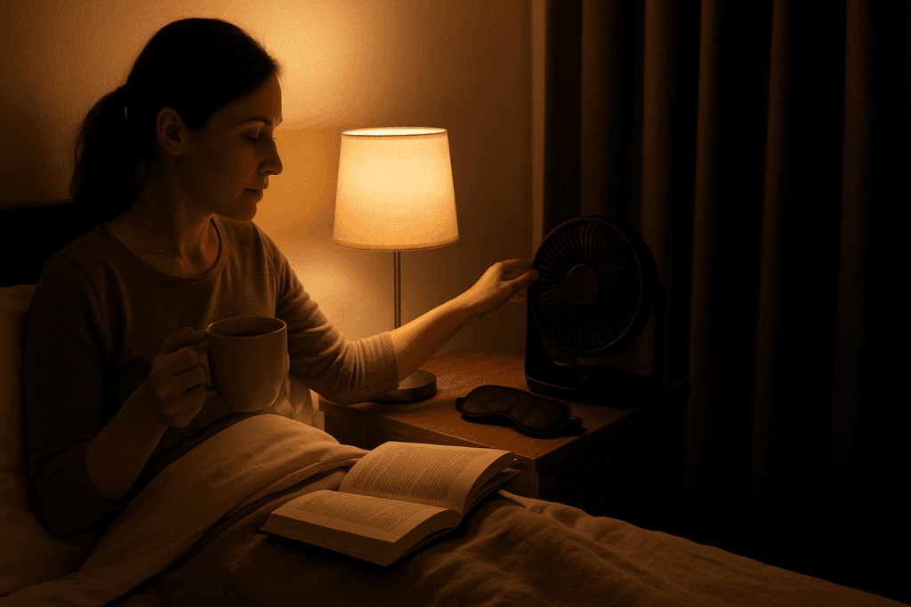 Cozy nighttime routine with a woman sipping herbal tea in bed, dimming lights, and preparing to prevent waking up every 2 hours.