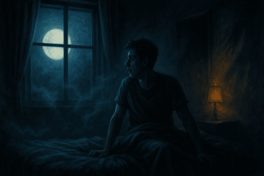 Person startled awake in a dark bedroom at night, symbolizing the anxiety of waking up every 2 hours during sleep.