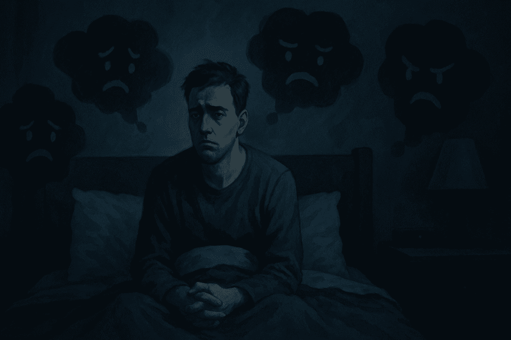 Man sitting upright in a dark bedroom, visibly distressed and surrounded by shadowy anxious faces, symbolizing the struggle of waking up every 2 hours due to psychological stress.